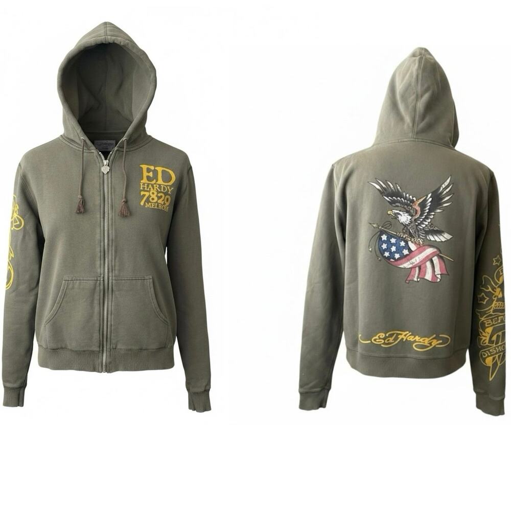 VTG Ed Hardy Y2K Eagle American Flag Zip Up Hoodie Streetwear Size Large